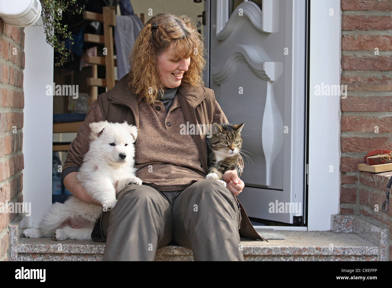 Berger Blanc Suisse (Canis Lupus F. Familiaris), Frau sitzt vor einem offenen Dor mit eine trächtige und eine Katze Stockfoto