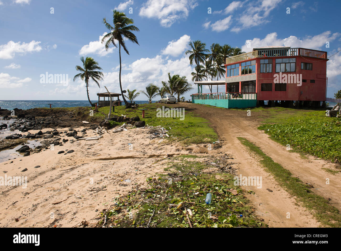 Restaurant, verschmutzten Strand, Big Corn Island, Karibik, Nicaragua, Mittelamerika Stockfoto