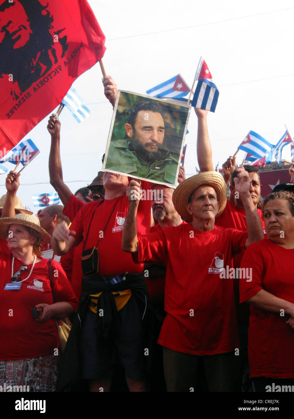 Demonstration mit einem Foto von Fidel Castro, Kuba, La Habana Stockfoto