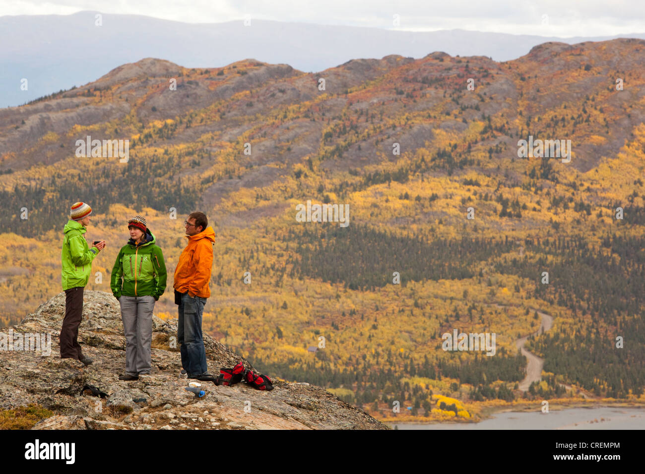 Gruppe von Wanderern, Sub alpine Tundra, Indian Summer, Blätter in Herbstfarben, Herbst, in der Nähe von Fish Lake, Yukon Territorium, Kanada Stockfoto