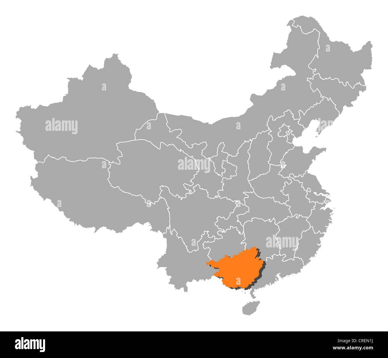 Politische Landkarte von China mit den verschiedenen Provinzen Guangxi wo markiert ist. Stockfoto