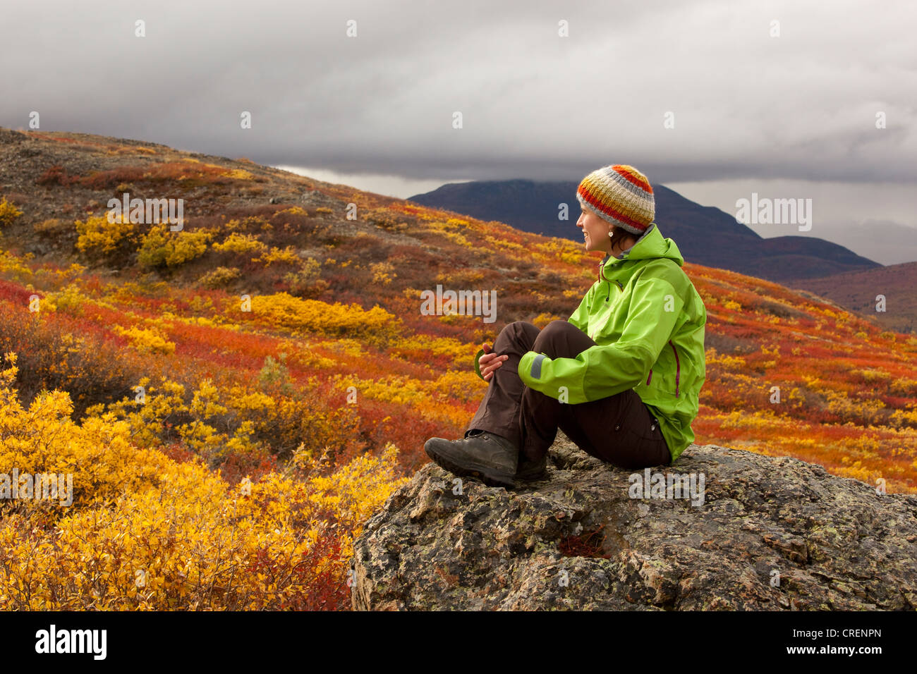 Junge Frau sitzt auf einem Felsen, Ruhe, Aussicht, subalpine Tundra, Indian Summer zu genießen lässt in Herbstfarben, Herbst Stockfoto