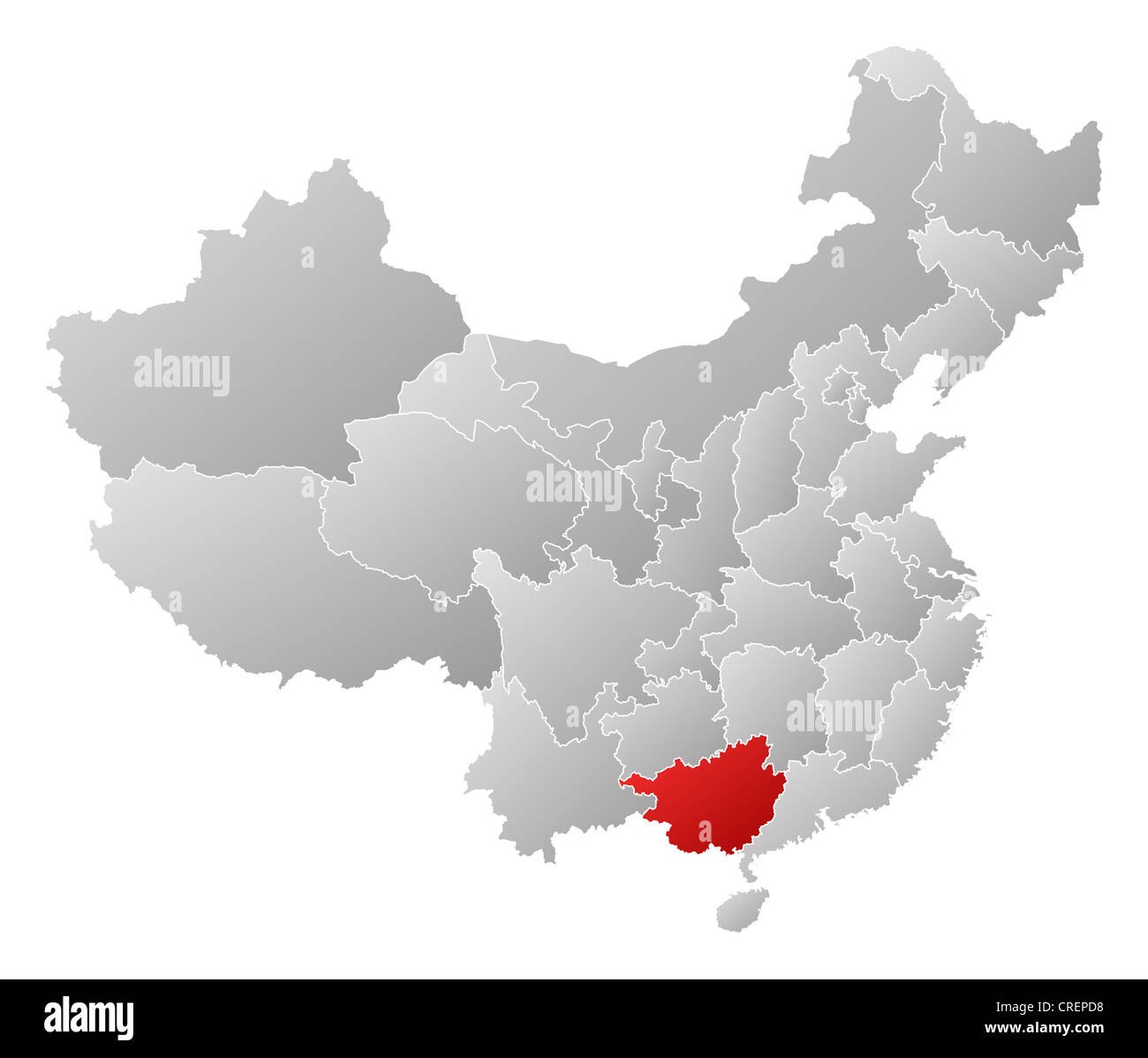Politische Landkarte von China mit den verschiedenen Provinzen Guangxi wo markiert ist. Stockfoto