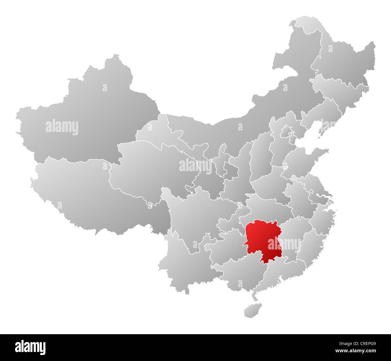 Politische Landkarte von China mit den verschiedenen Provinzen Hunan wo markiert ist. Stockfoto