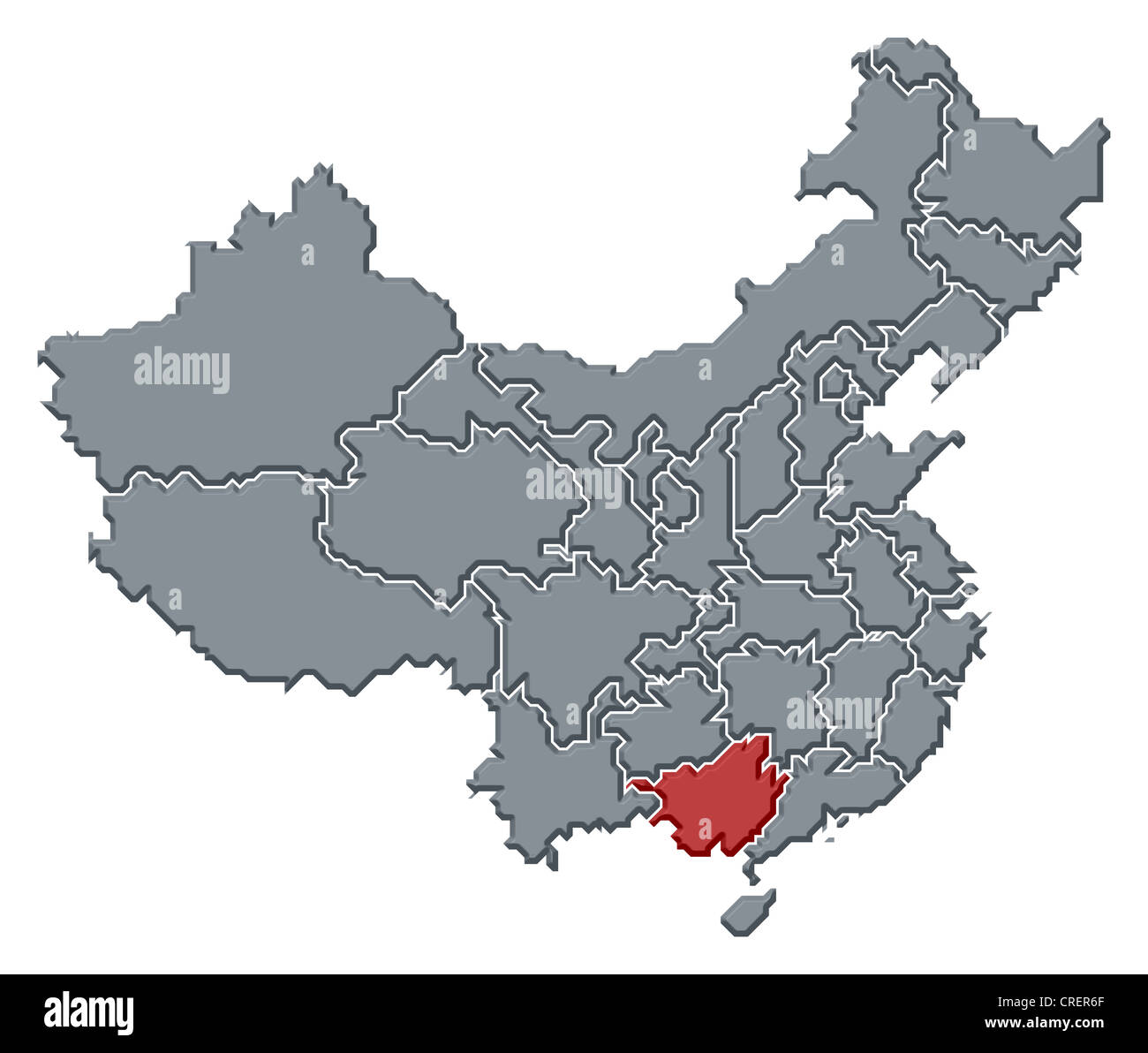 Politische Landkarte von China mit den verschiedenen Provinzen Guangxi wo markiert ist. Stockfoto