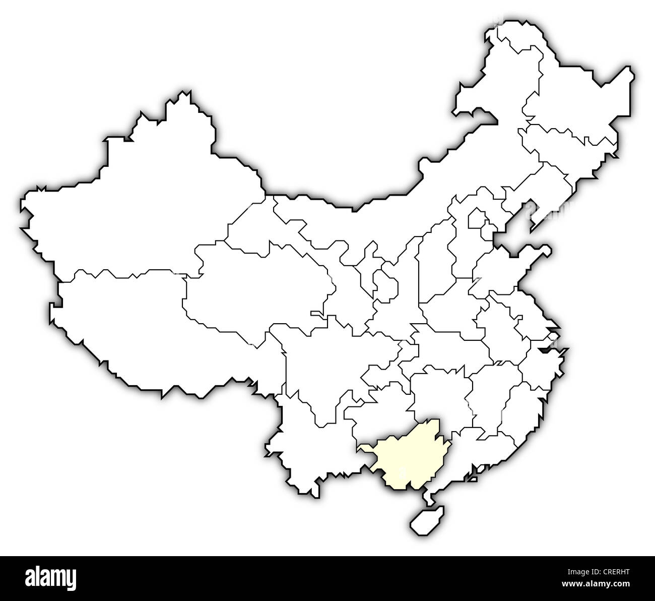 Politische Landkarte von China mit den verschiedenen Provinzen Guangxi wo markiert ist. Stockfoto