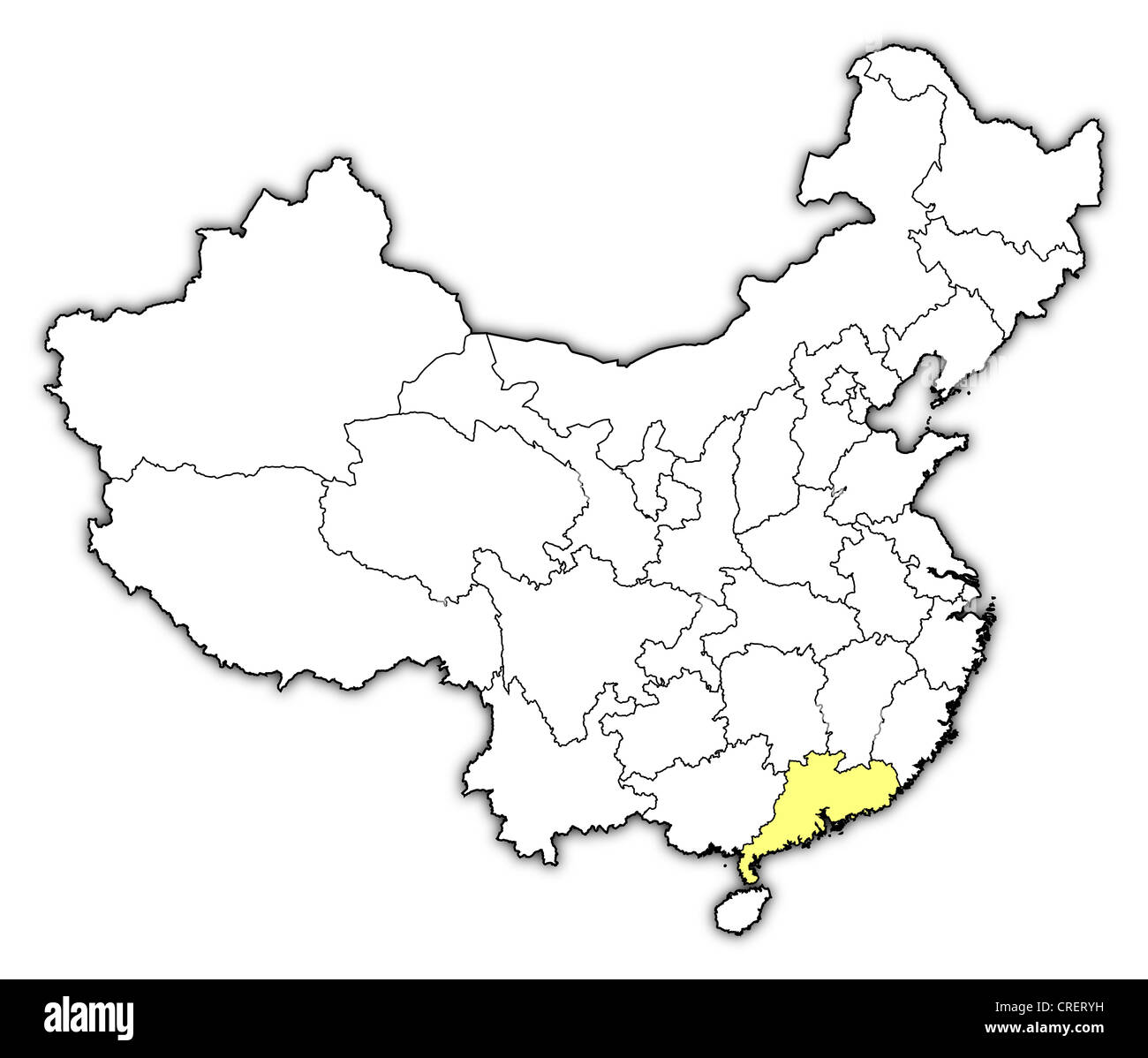 Politische Landkarte von China mit den verschiedenen Provinzen Guangdong wo markiert ist. Stockfoto