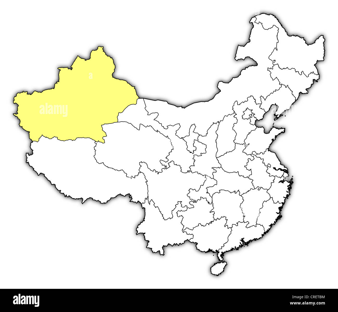 Politische Landkarte von China mit den verschiedenen Provinzen Xinjiang wo markiert ist. Stockfoto