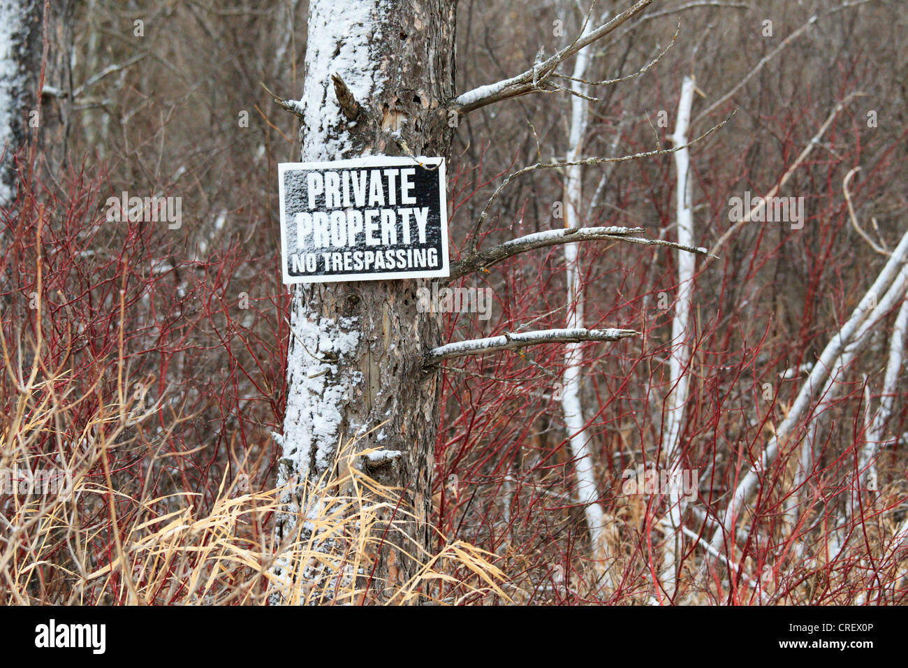 Private Property No Trespassing Zeichen in einer ländlichen Gegend. Stockfoto