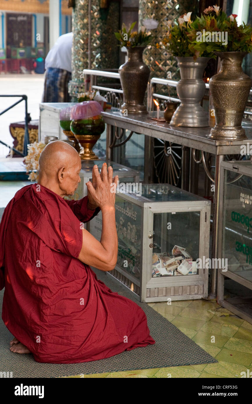 Myanmar, Burma, Yangon. Sule-Pagode. Buddhistischer Mönch am frühen Morgen Gebete durchführen. Stockfoto