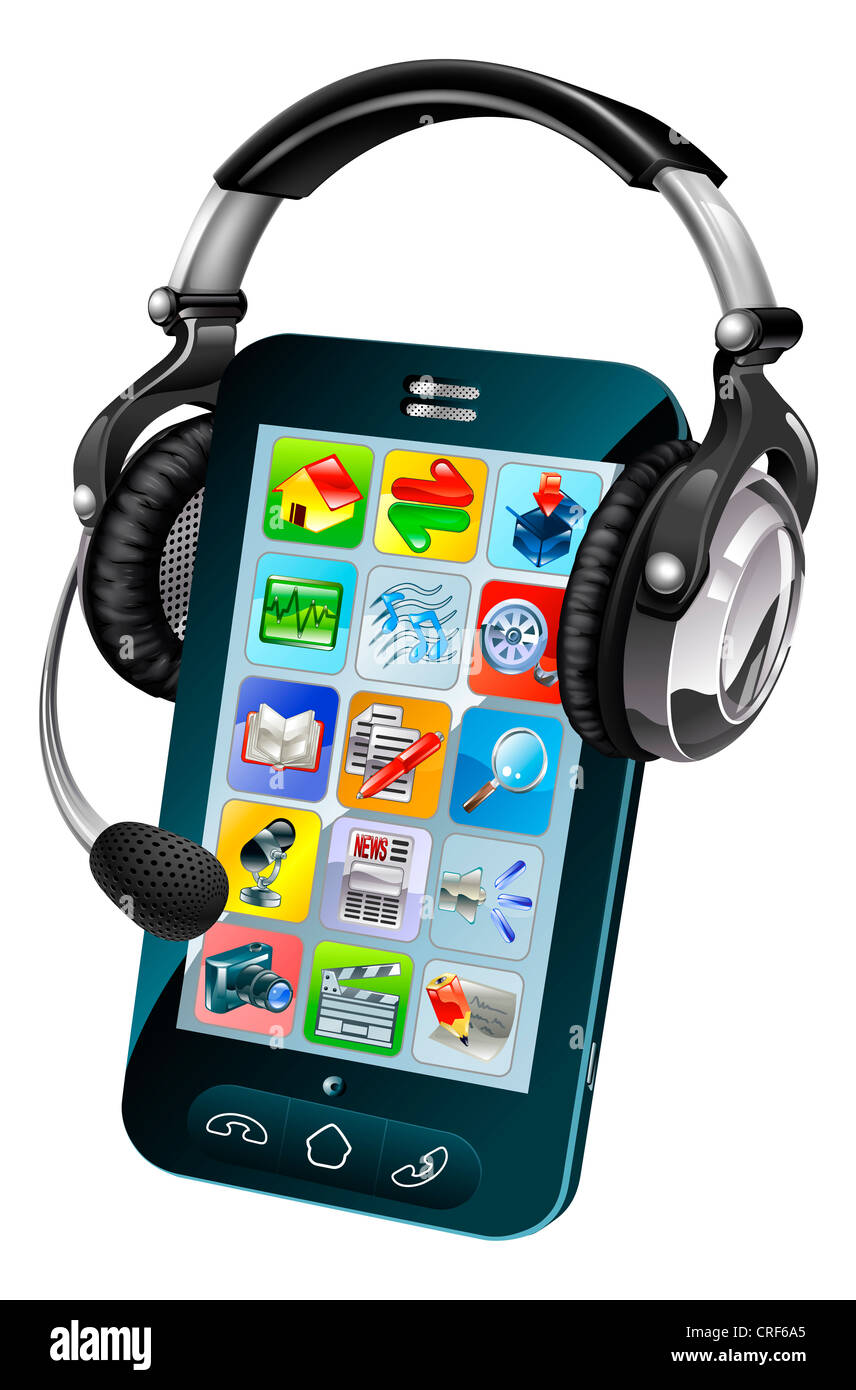 Handy-Chat Konzept Abbildung des Mobiltelefons mit Telefonie-Kopfhörer Stockfoto