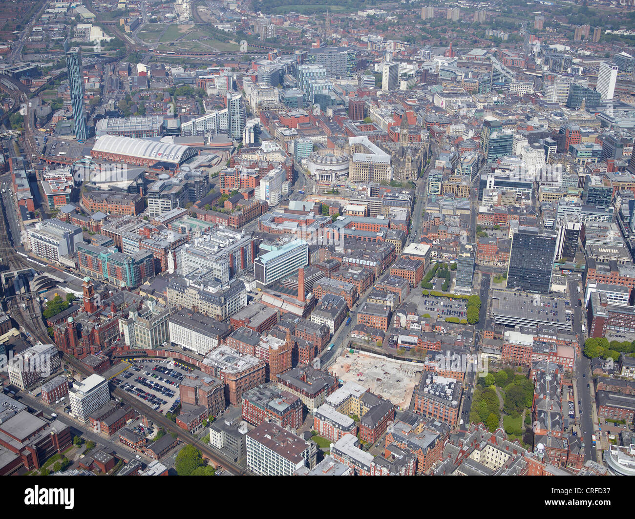 Die Westseite des Manchester City Centre, aus der Luft, North West England Stockfoto