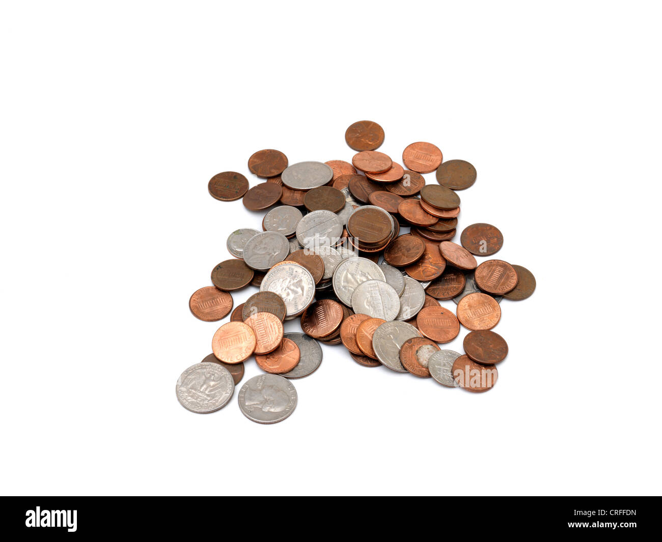 Stapel der amerikanischen Münzen - 1 Cent, 5 Cent und Groschen Stockfoto