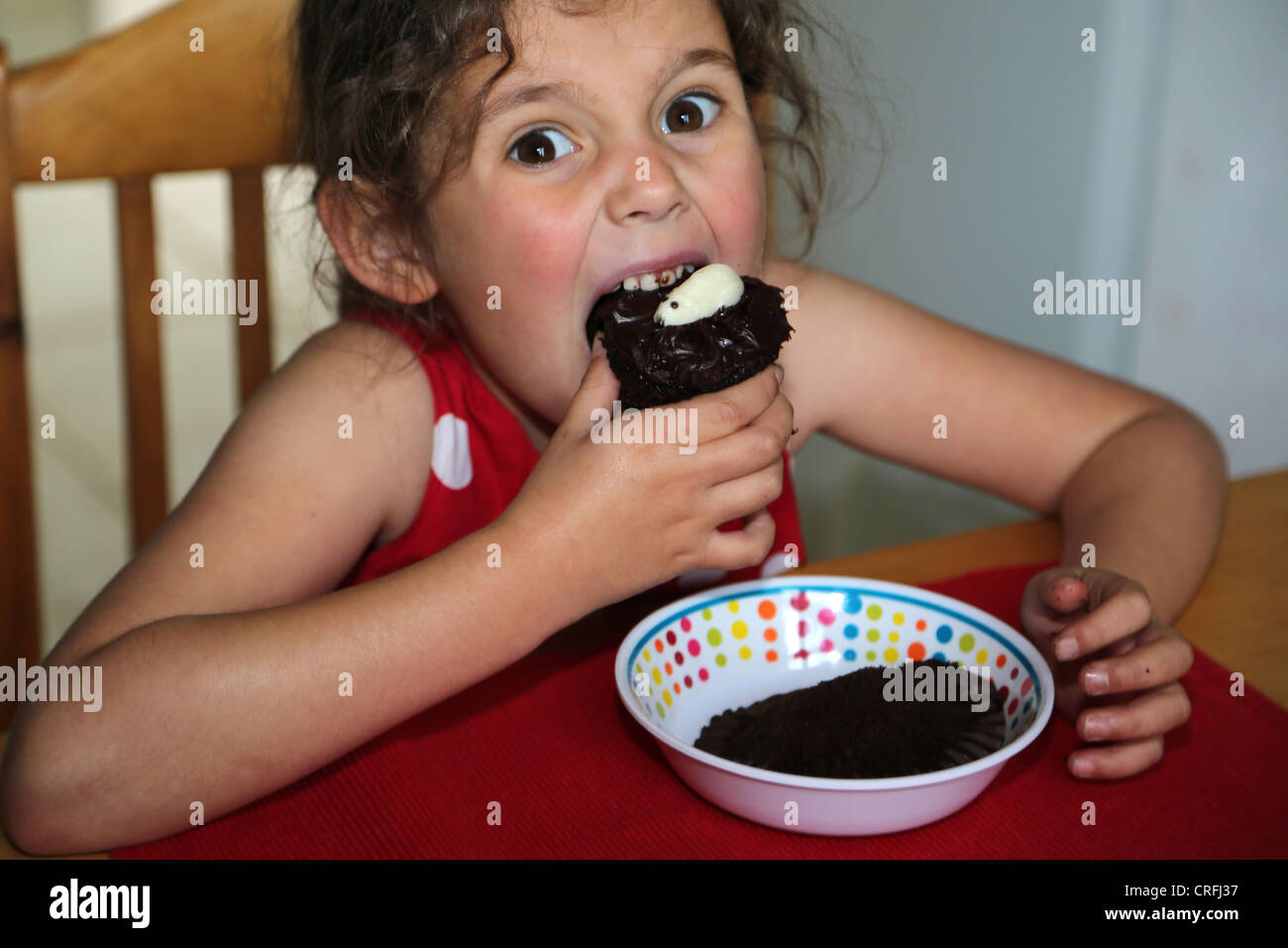 Mädchen essen dunkle Schokolade Cupcake mit weißen Choclate Maus England Stockfoto