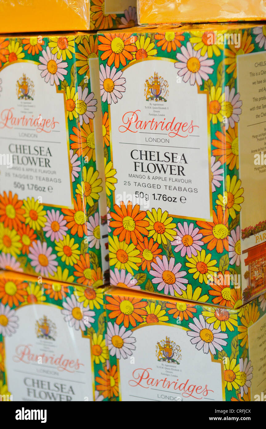 Boxen von Rebhühnern Chelsea Flower Teebeutel, Rebhühner Shop, London Stockfoto