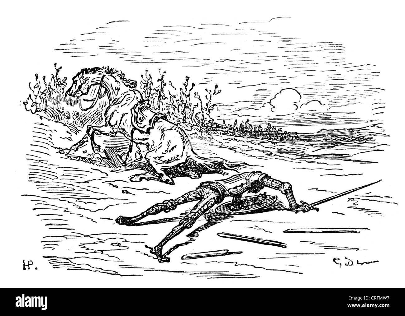 Don Quijote besiegt. Illustration von Gustave Dore von Don Quijote. Stockfoto
