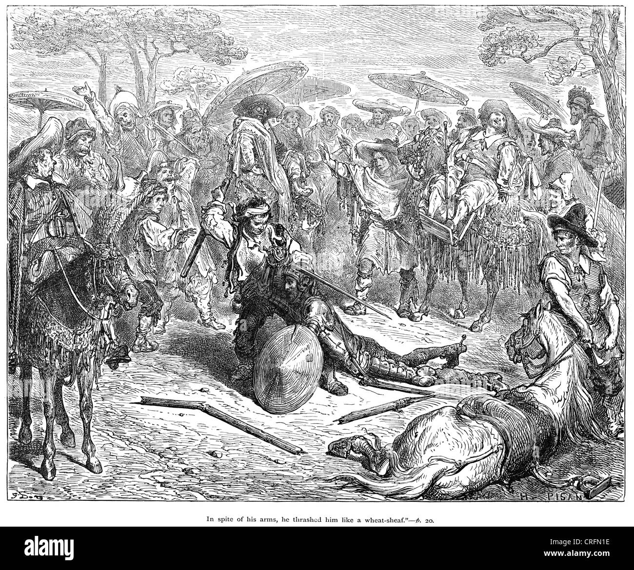 Don Quijote verprügelt er ihn wie eine Weizen-Garbe. Illustration von Gustave Dore von Don Quijote. Stockfoto