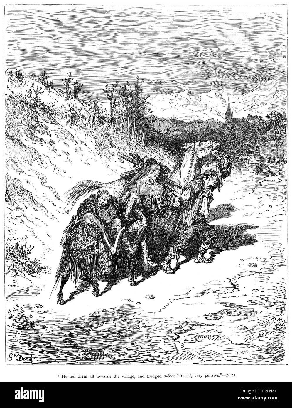 Don Quijote und Sancho Panza, führte er sie alle in Richtung des Dorfes. Illustration von Gustave Dore von Don Quijote. Stockfoto