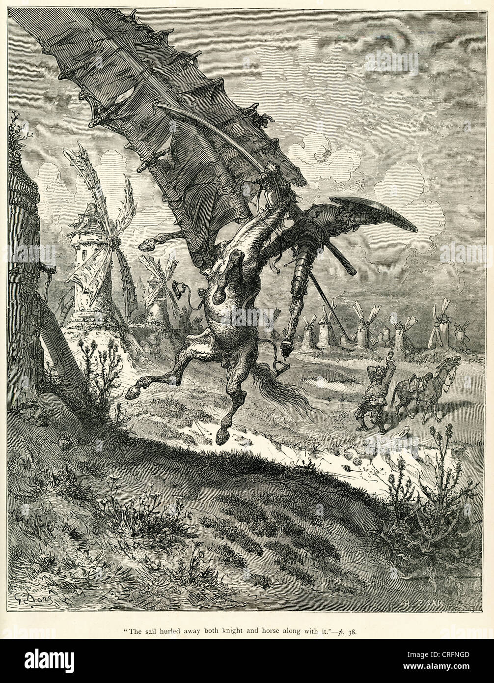 Don Quijote gegen Windmühlen. Illustration von Gustave Dore von Don Quijote. Stockfoto