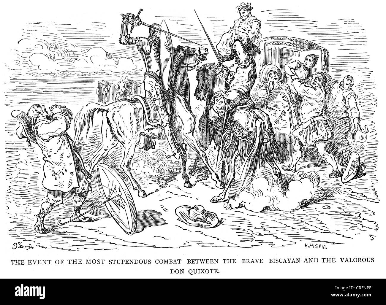 Don Quijote kämpft tapfer Biskaya. Illustration von Gustave Dore von Don Quijote. Stockfoto