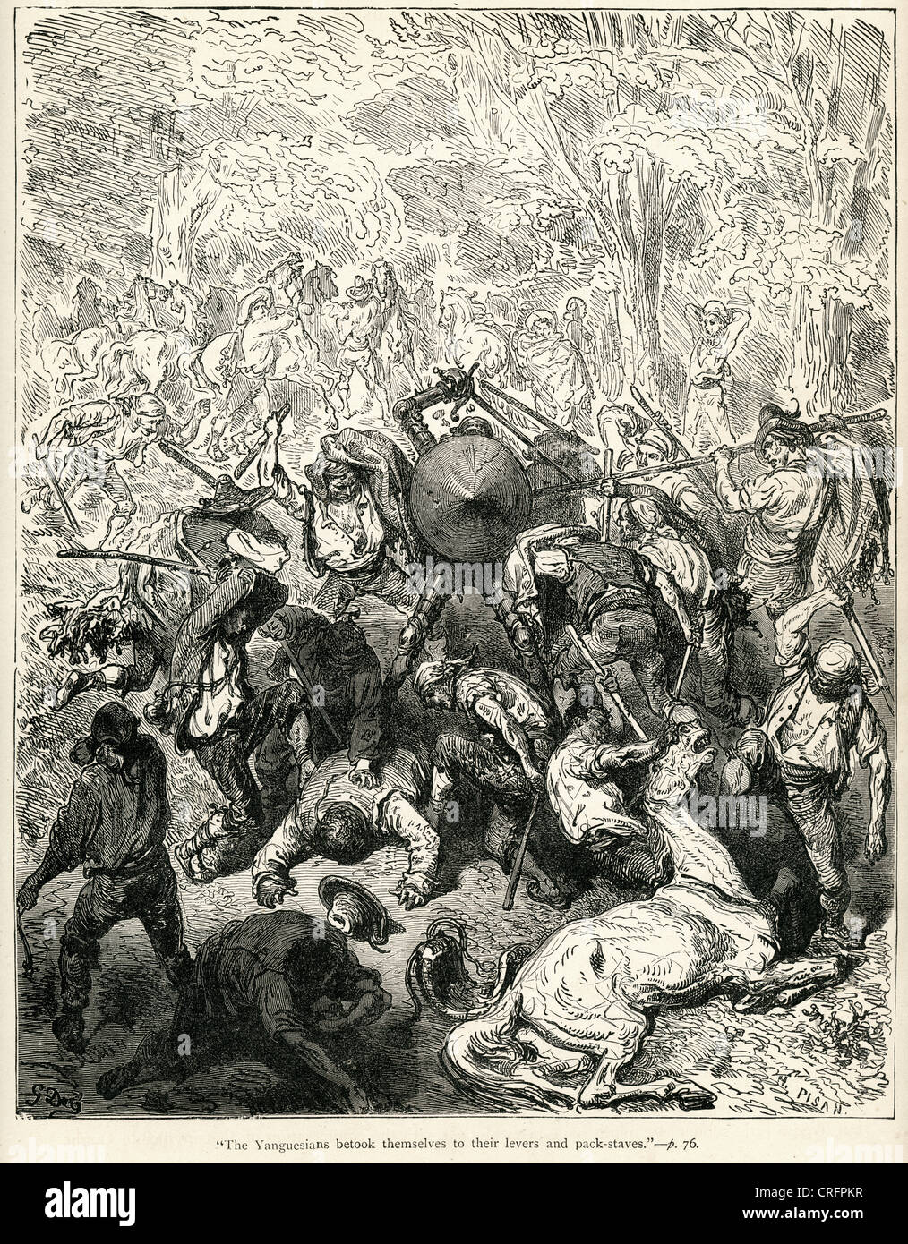 Don Quijote und die Yanguesians. Illustration von Gustave Dore von Don Quijote. Stockfoto