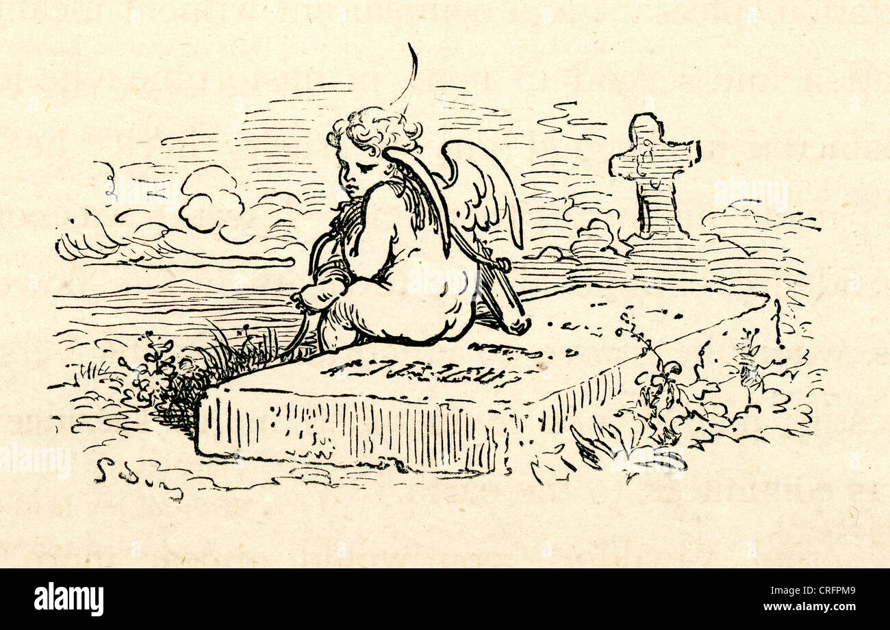 Cuipd saß auf einem Grab. Illustration von Gustave Dore von Don Quijote. Stockfoto