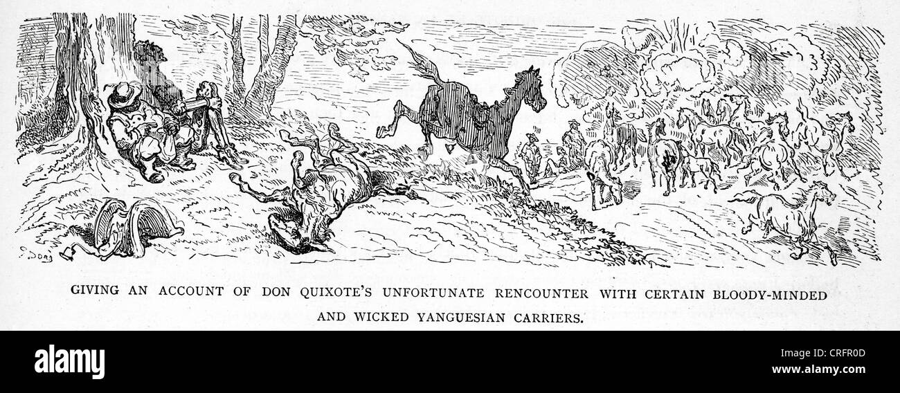 Don Quijote und die bösen Yanguesian Träger. Illustration von Gustave Dore von Don Quijote. Stockfoto