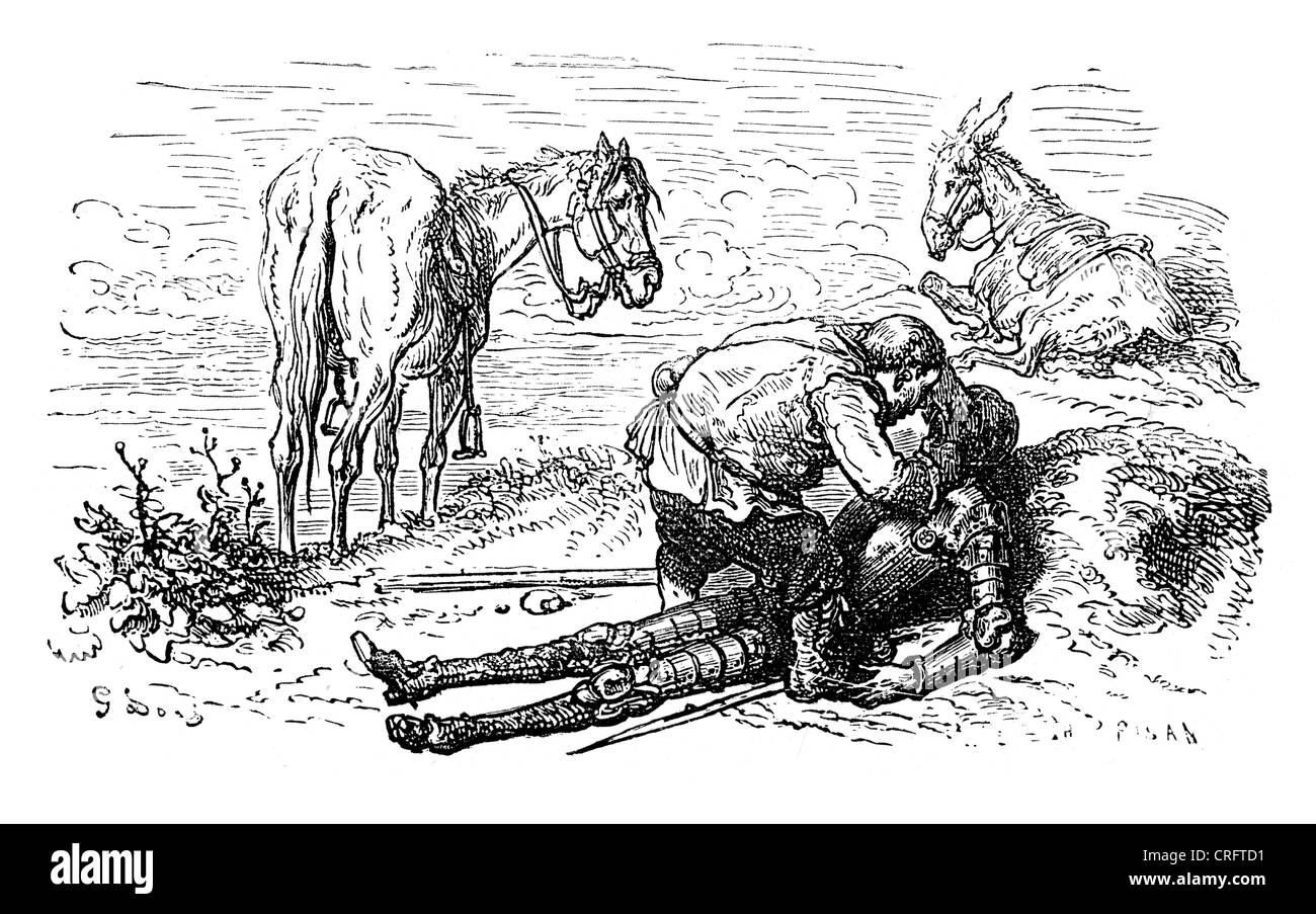 Don Quijote und Sancho Pansa. Illustration von Gustave Dore von Don Quijote. Stockfoto