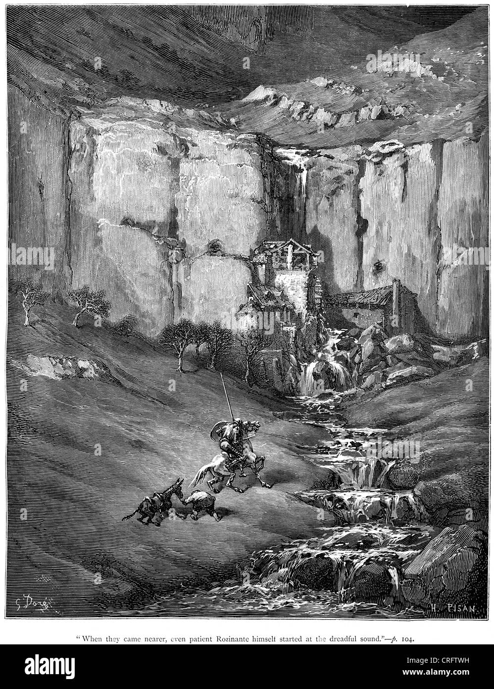 Don Quixote Rozinante begann bei dem schrecklichen Klang. Illustration von Gustave Dore von Don Quijote. Stockfoto