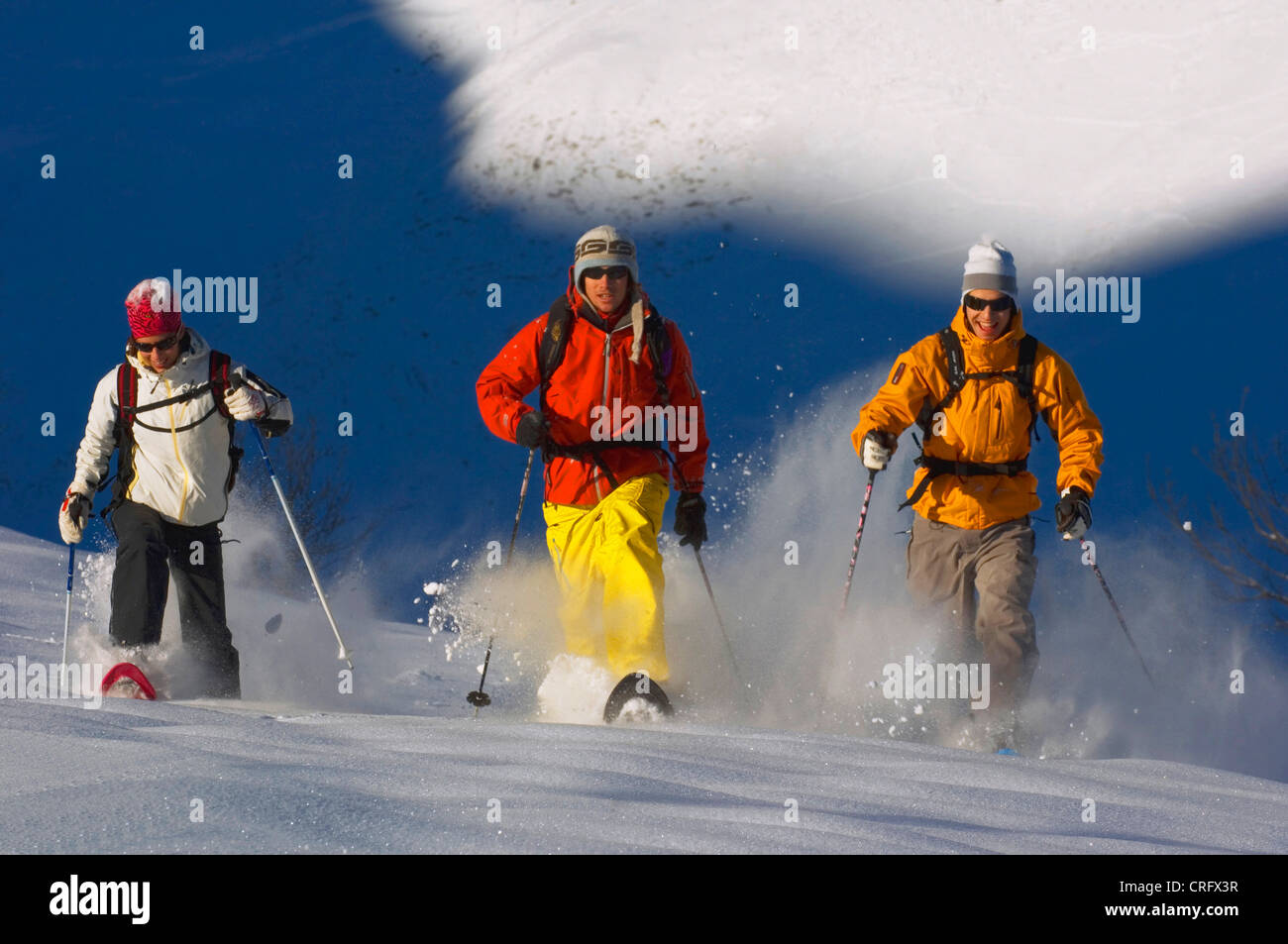 drei Personen auf Schneeschuhen, Wandern im tiefen Powder Schnee, Frankreich, Alpen Stockfoto