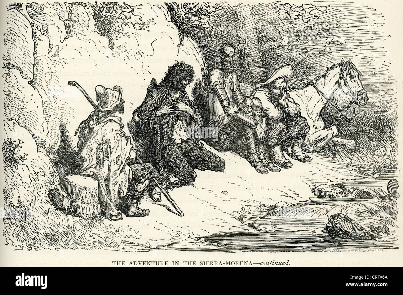 Don Quijote und Sancho Panza Abenteuer in der Sierra Morena. Illustration von Gustave Dore von Don Quijote. Stockfoto