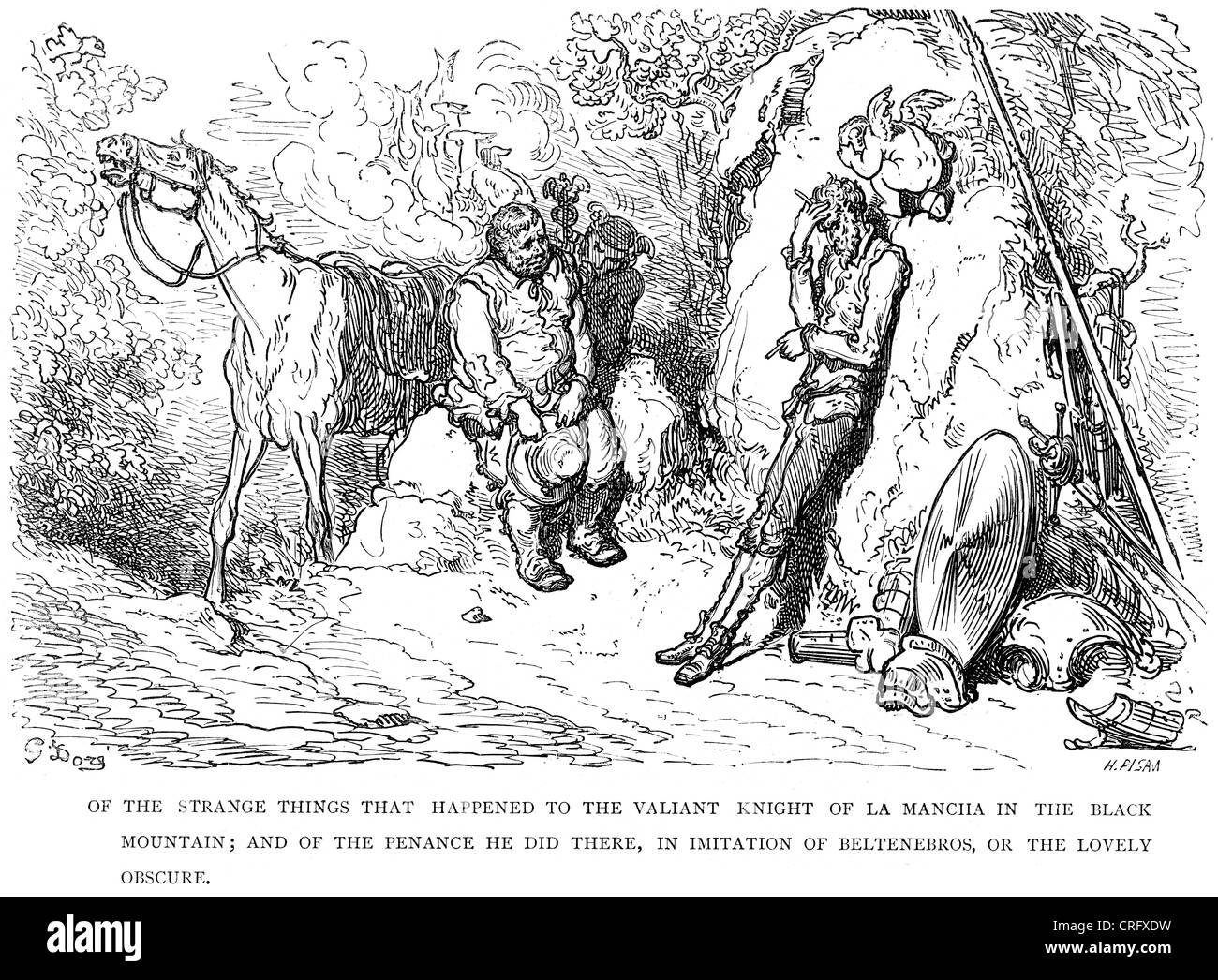 Don Quijote und Sancho Panza Abenteuer in der Sierra Morena. Illustration von Gustave Dore von Don Quijote. Stockfoto