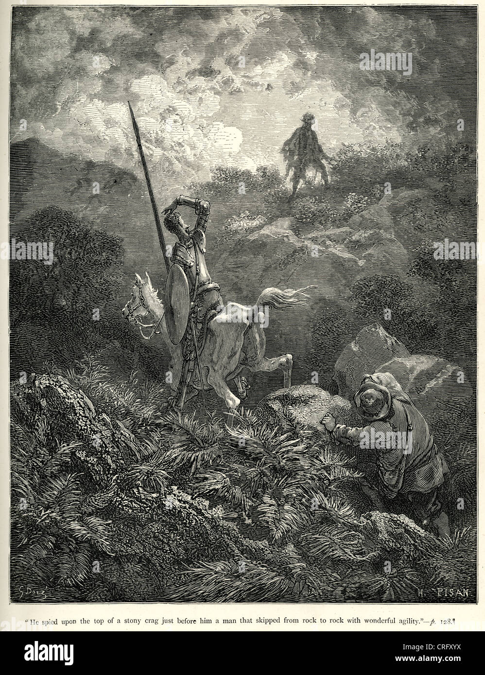 Don Quijote, erblickte er auf einem steinigen Felsen. Illustration von Gustave Dore von Don Quijote. Stockfoto
