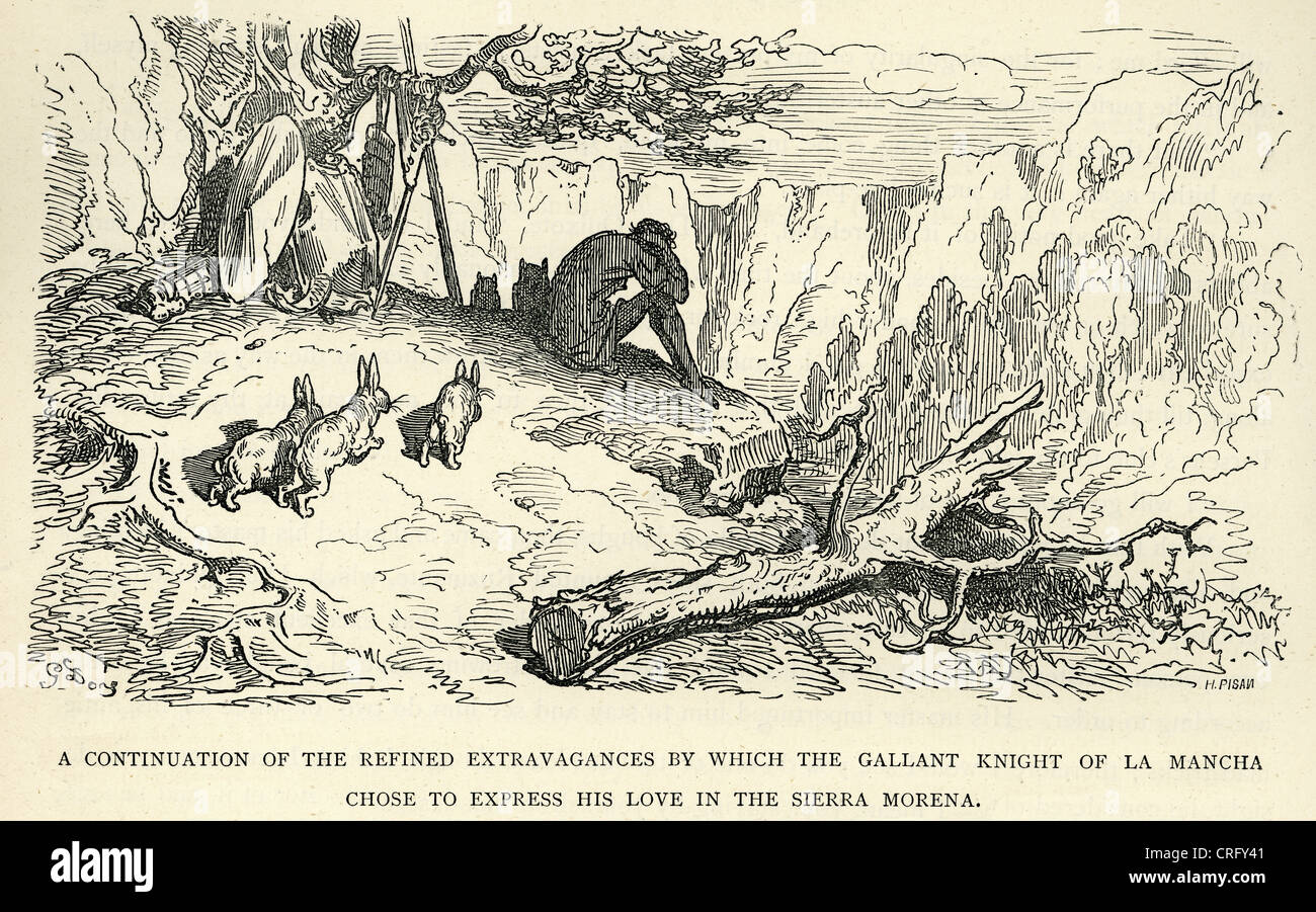 Don Quijote-Abenteuer in der Sierra Morena. Illustration von Gustave Dore von Don Quijote. Stockfoto