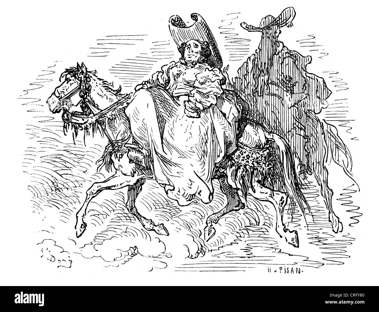 Dame auf dem Pferderücken. Illustration von Gustave Dore von Don Quijote. Stockfoto