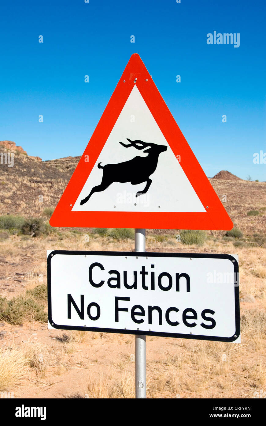 Verkehrszeichen, Vorsicht Hirsch übergeben, keine Zäune, Namibia Stockfoto