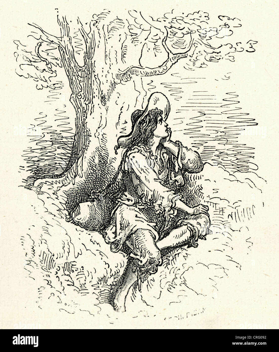 Mann unter einem Baum. Illustration von Gustave Dore von Don Quijote. Stockfoto