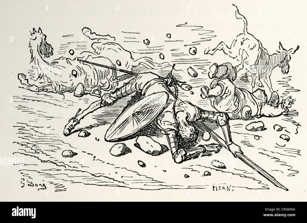 Don Quijote und Sancho Panza gefallen. Illustration von Gustave Dore von Don Quijote. Stockfoto