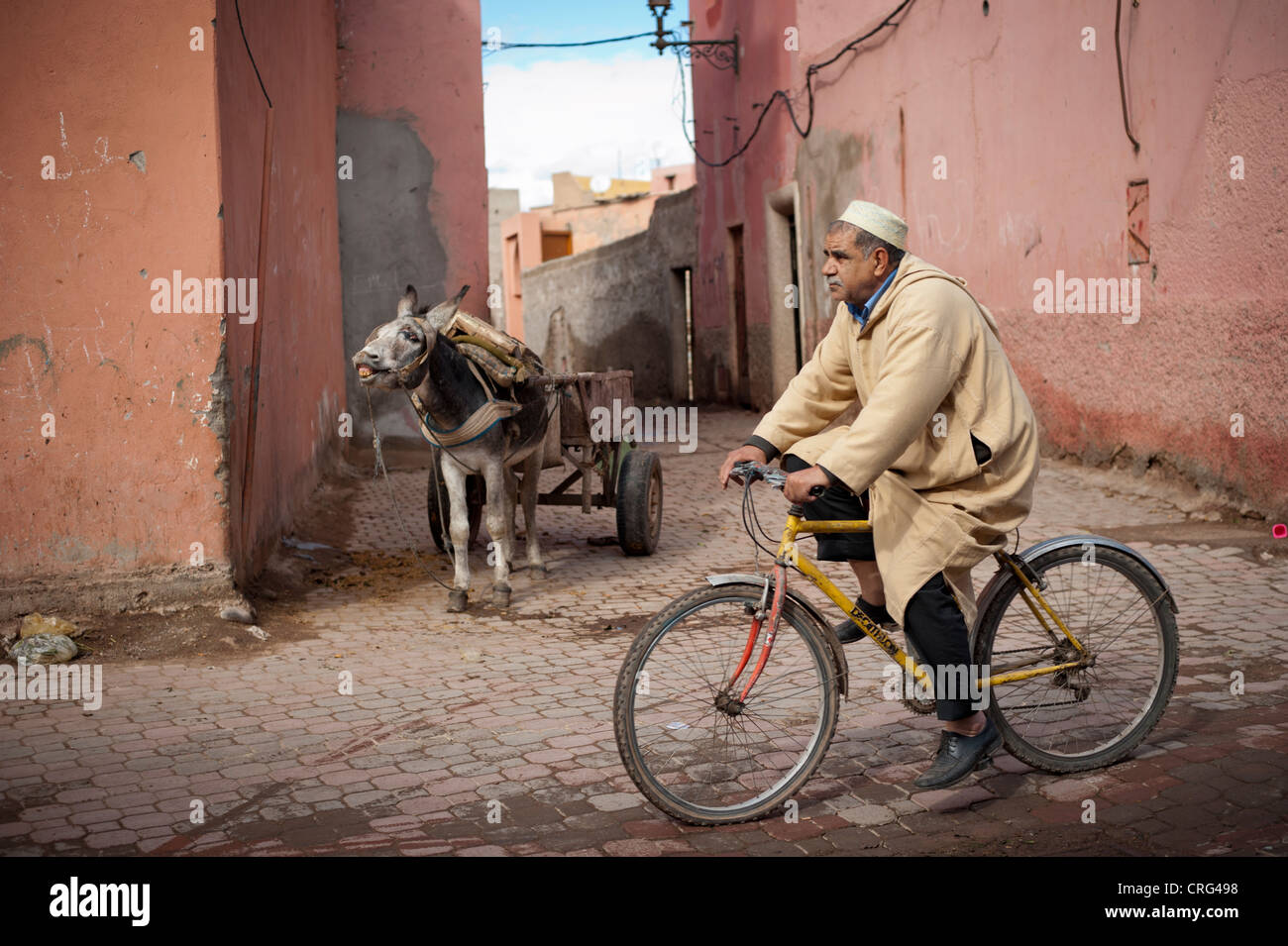 Lokalen muslimischen Mann reitet ein Fahrrad, Marrakesch, Marokko. Stockfoto