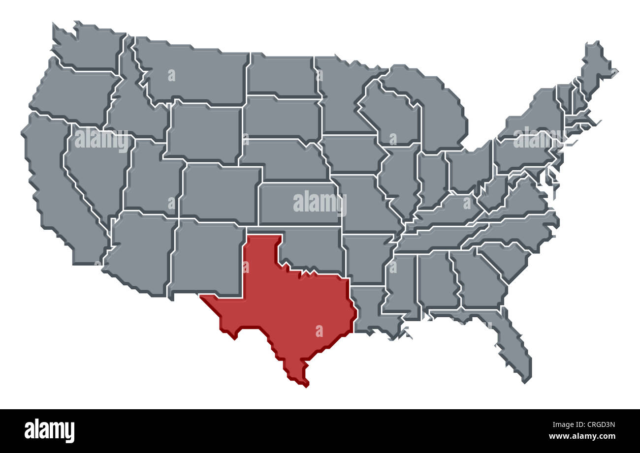 Politische Landkarte der USA mit den mehrere Staaten wo Texas markiert ist. Stockfoto
