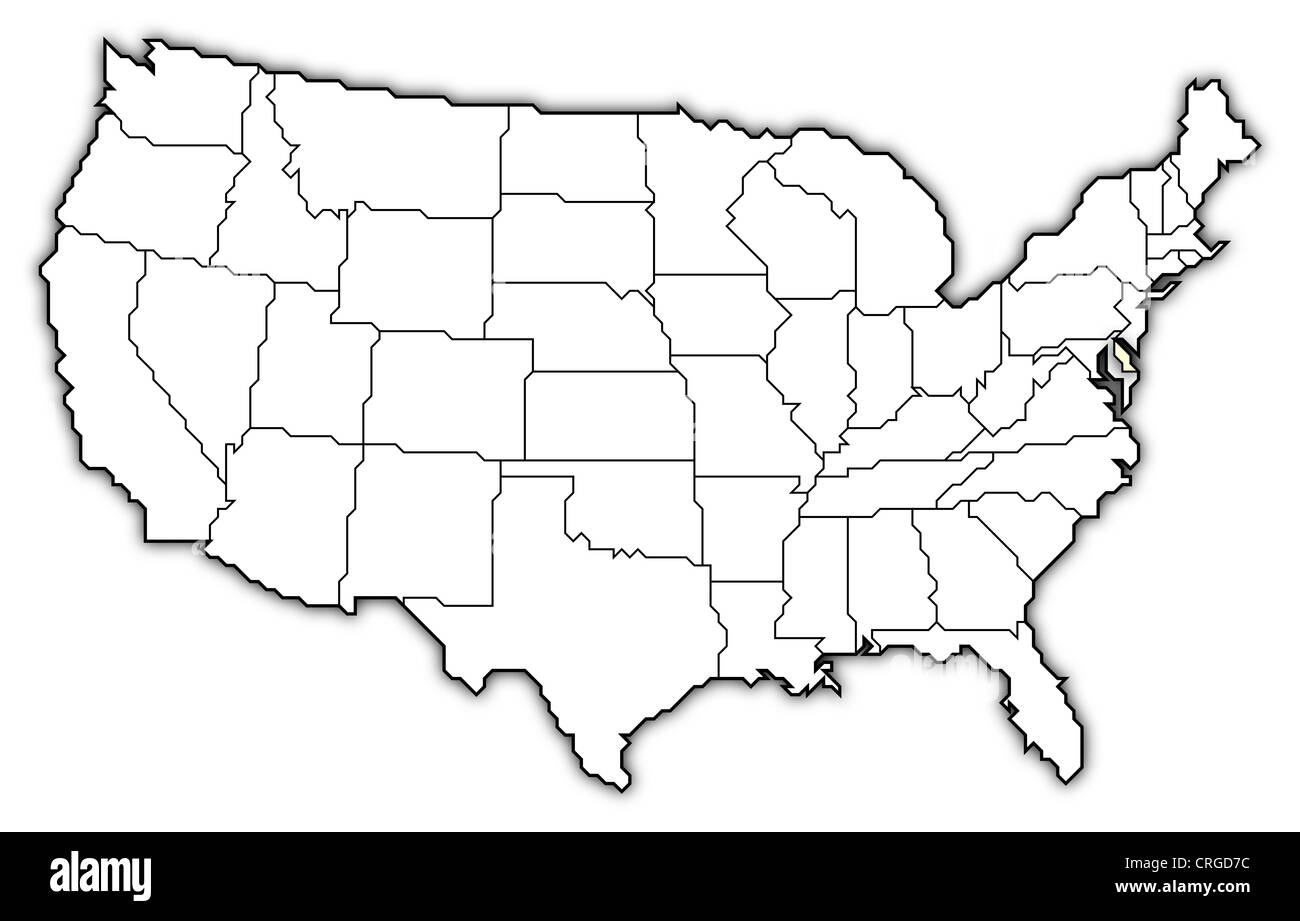 Politische Landkarte der USA mit den mehrere Staaten Delaware wo markiert ist. Stockfoto