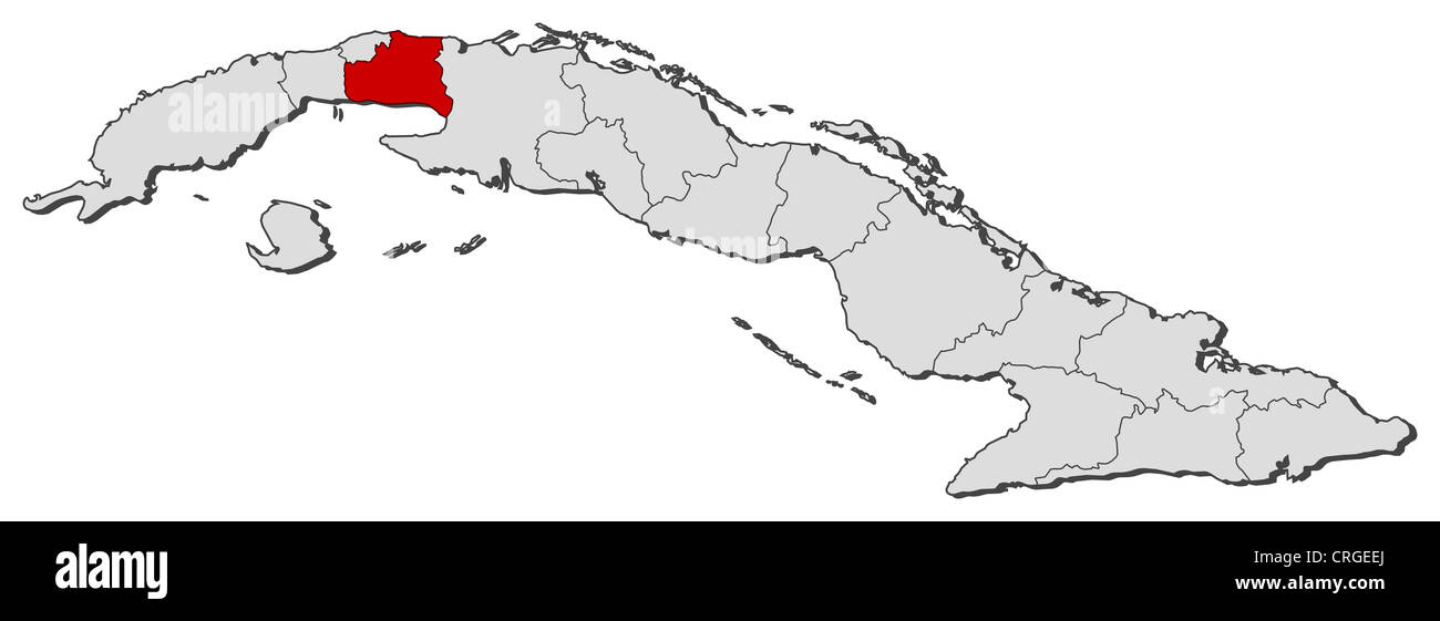Politische Karte von Kuba mit den verschiedenen Provinzen Mayabeque wo markiert ist. Stockfoto
