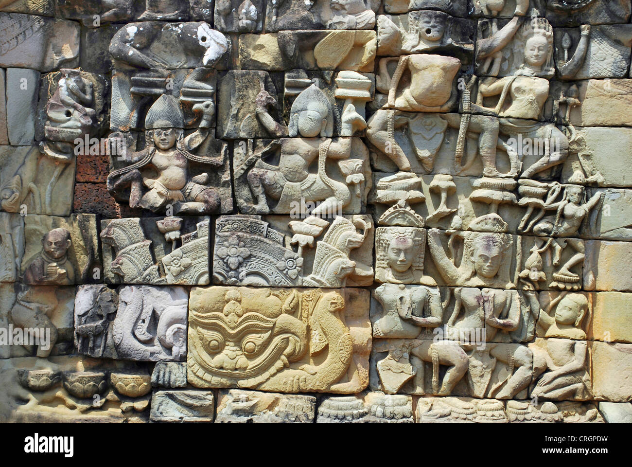 Khmer Tempelbezirk von Angkor War, Fresken der Elefant Straße, Kambodscha Stockfoto