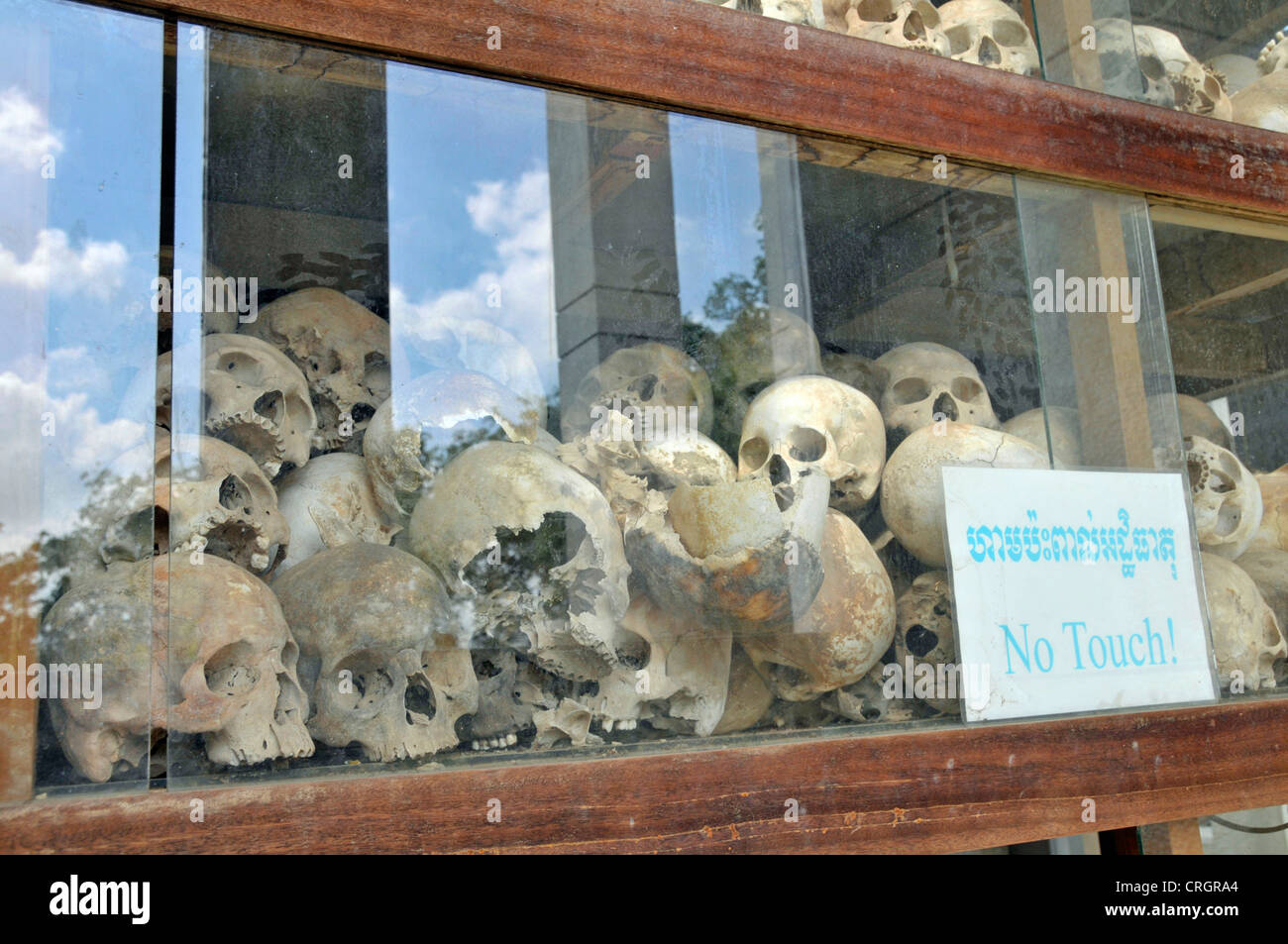 Menschliche Schädel auf dem Display in der Glas-seitig Stupa, Kambodscha, Phnom Penh Stockfoto