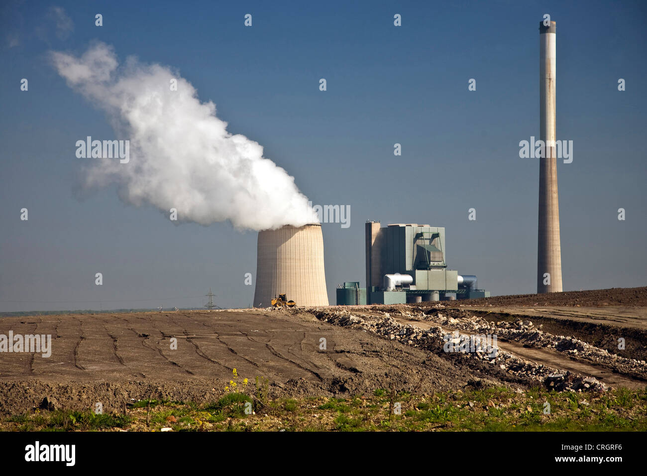 Blick vom großen Holz-Vorrat auf Kohle-Kraftwerk in der Nähe von Bergkamen, Deutschland, Nordrhein-Westfalen, Ruhrgebiet, Bergkamen Stockfoto