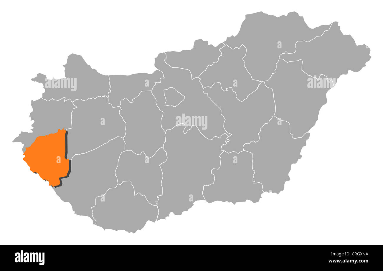 Politische Landkarte von Ungarn mit den Countys, wo Zala markiert ist. Stockfoto