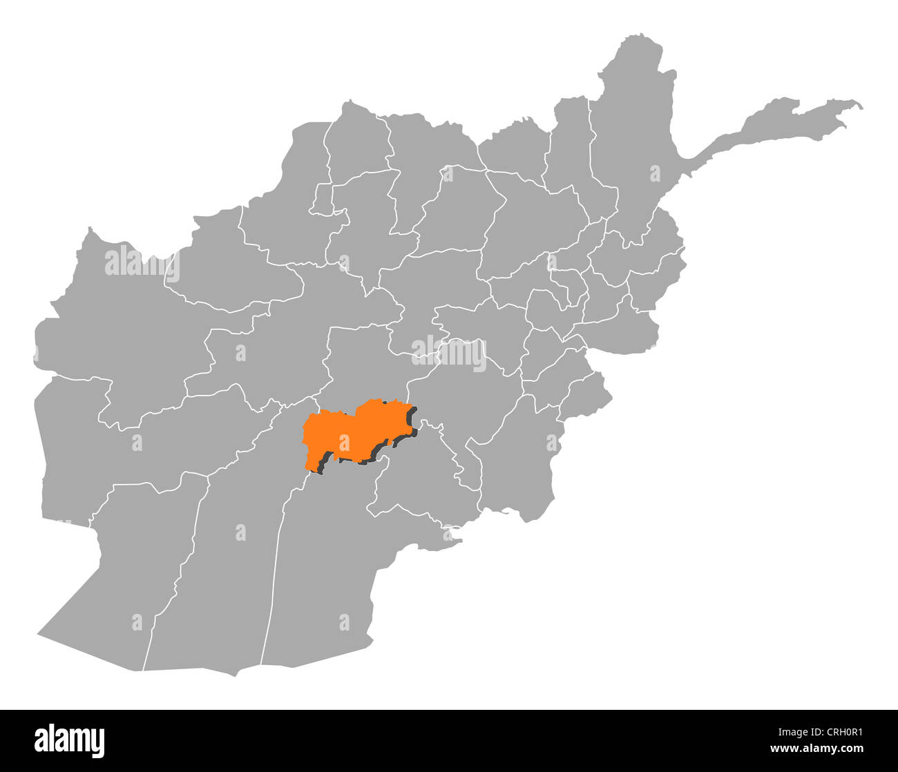 Politische Karte von Afghanistan mit den verschiedenen Provinzen, wo Urozgan markiert ist. Stockfoto