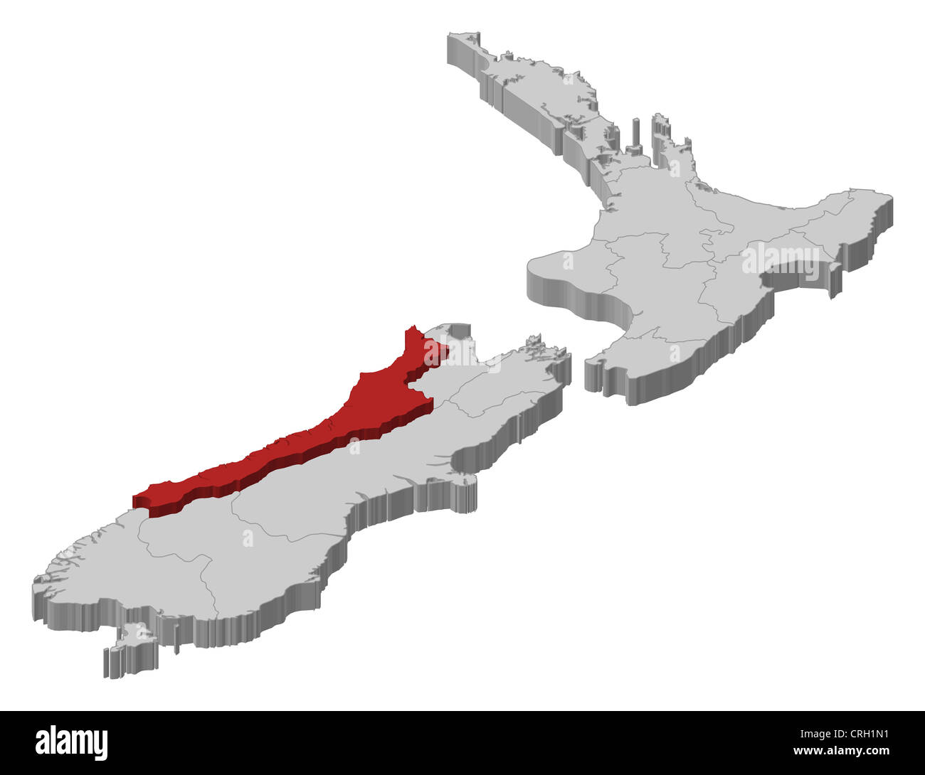 Politische Karte von Neuseeland mit mehreren Regionen wo Westküste markiert ist. Stockfoto