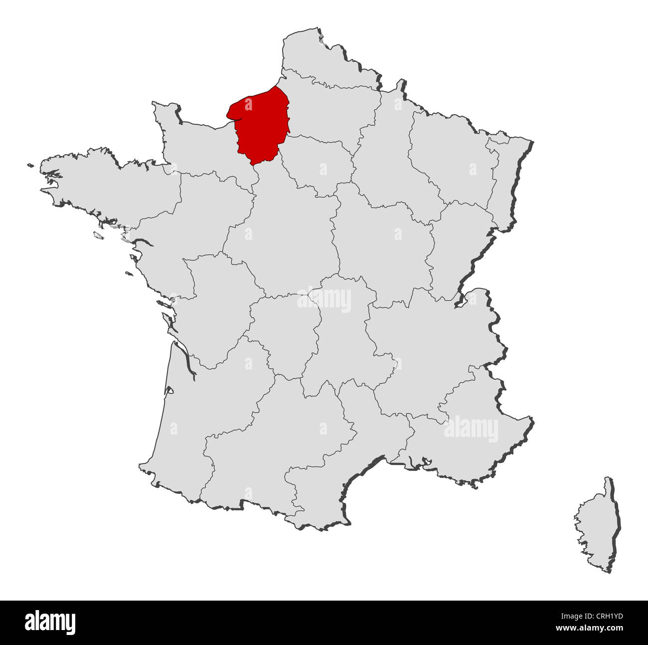 Politische Karte von Frankreich mit mehreren Regionen wo Haute-Normandie markiert ist. Stockfoto