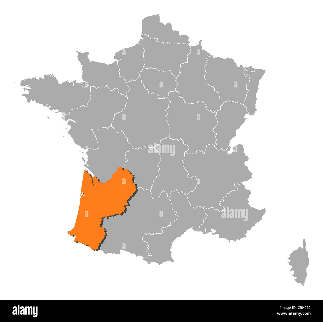 Politische Karte von Frankreich mit mehreren Regionen wo Aquitaine markiert ist. Stockfoto